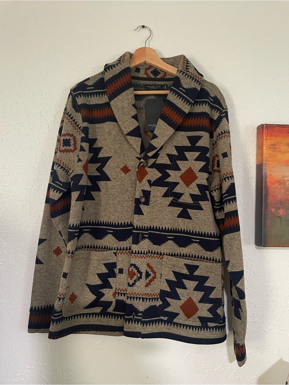 Junk Food Clothing Taupe, Navy & Rust Aztec Shawl Cardigan